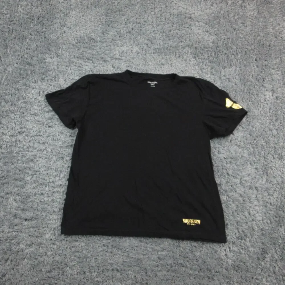 True Religion Shirt Mens Large Black Gold Foil Horseshoe Logo Graphic Cotton